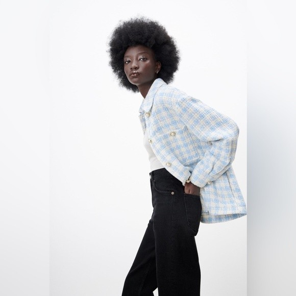 Zara Blue White Houndstooth Tweed Pearl Jewel Button Overshirt Shacket Jacket M - Picture 2 of 11